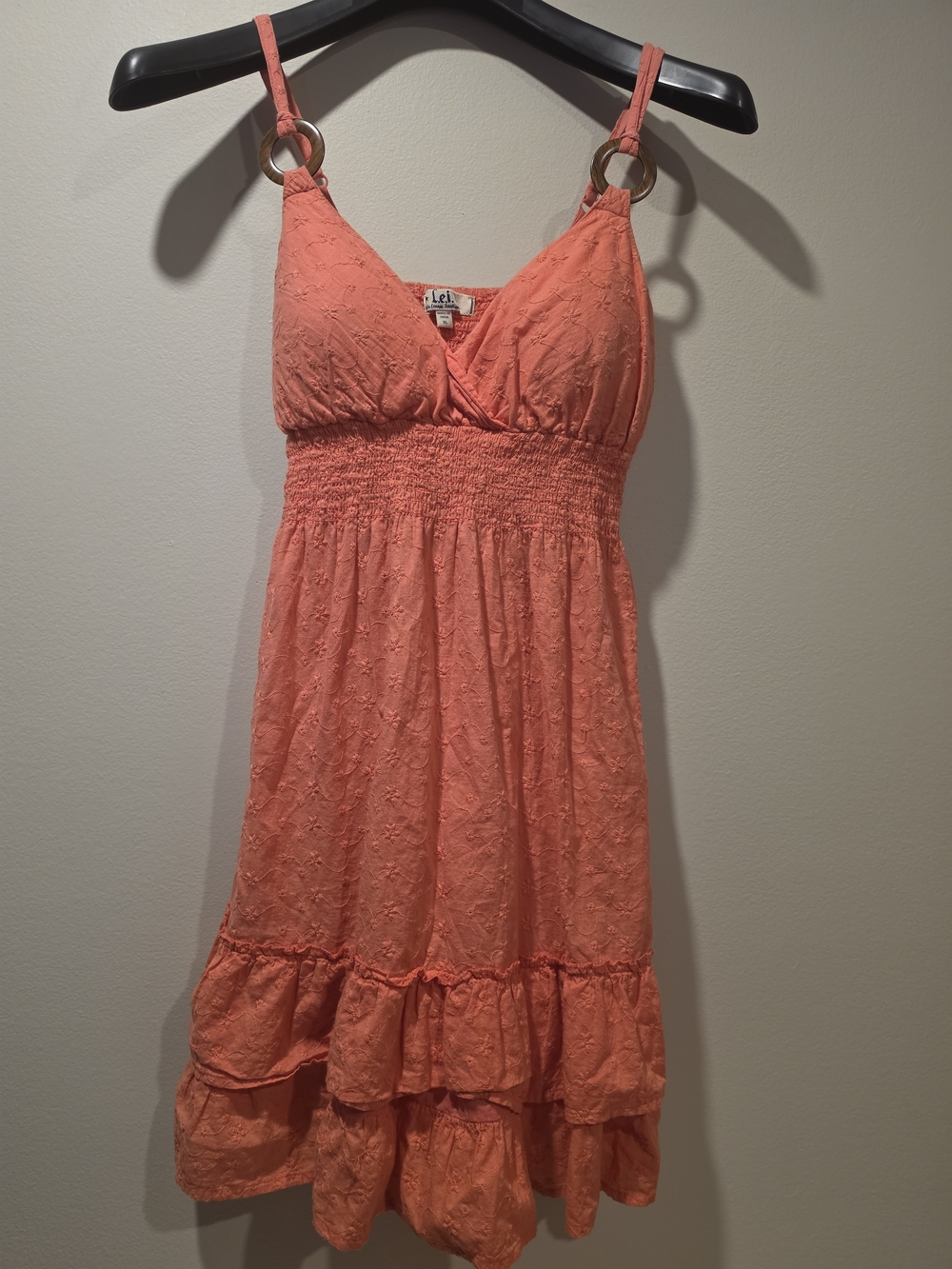l.e.i. Coral Eyelet Embroidered Smocked Tiered Ruffle Sundress Size XL